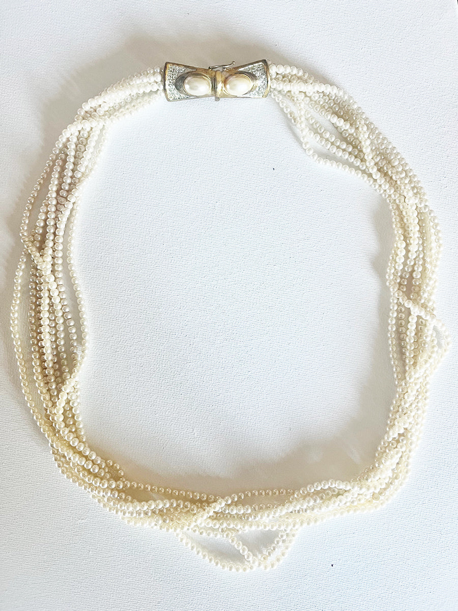 Collana Multifili Perle Vintage 1950 con Chiusura Gioiello in Arg placcato Oro -Top Accessori-