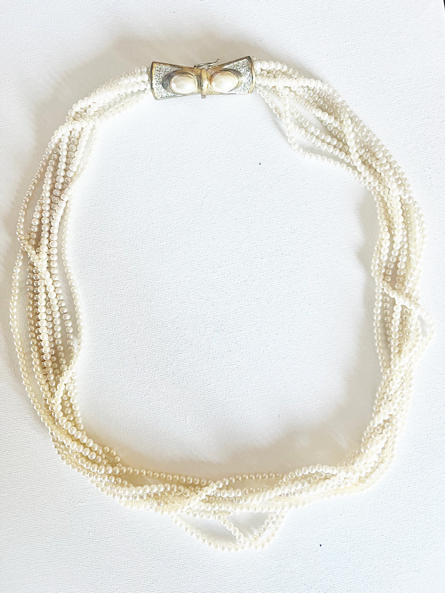 Collana Multifili Perle Vintage 1950 con Chiusura Gioiello in Arg placcato Oro -Top Accessori-