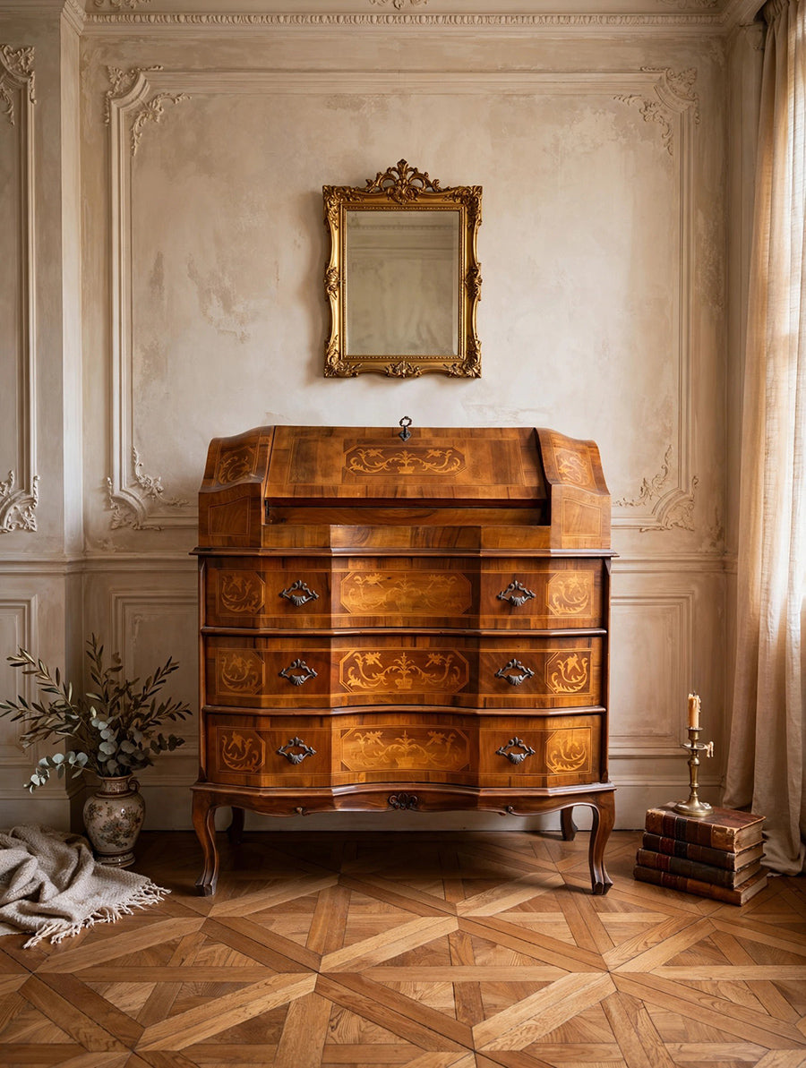 Secretaire con Cassetti e Ribalta in legno massello e intarsi -Top Antiques-