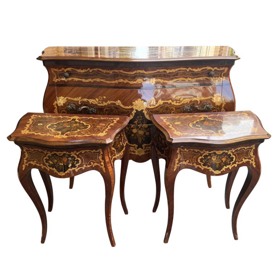 Trittico Intarsiato Commode e Coppia Comodini '900 -Antiques-