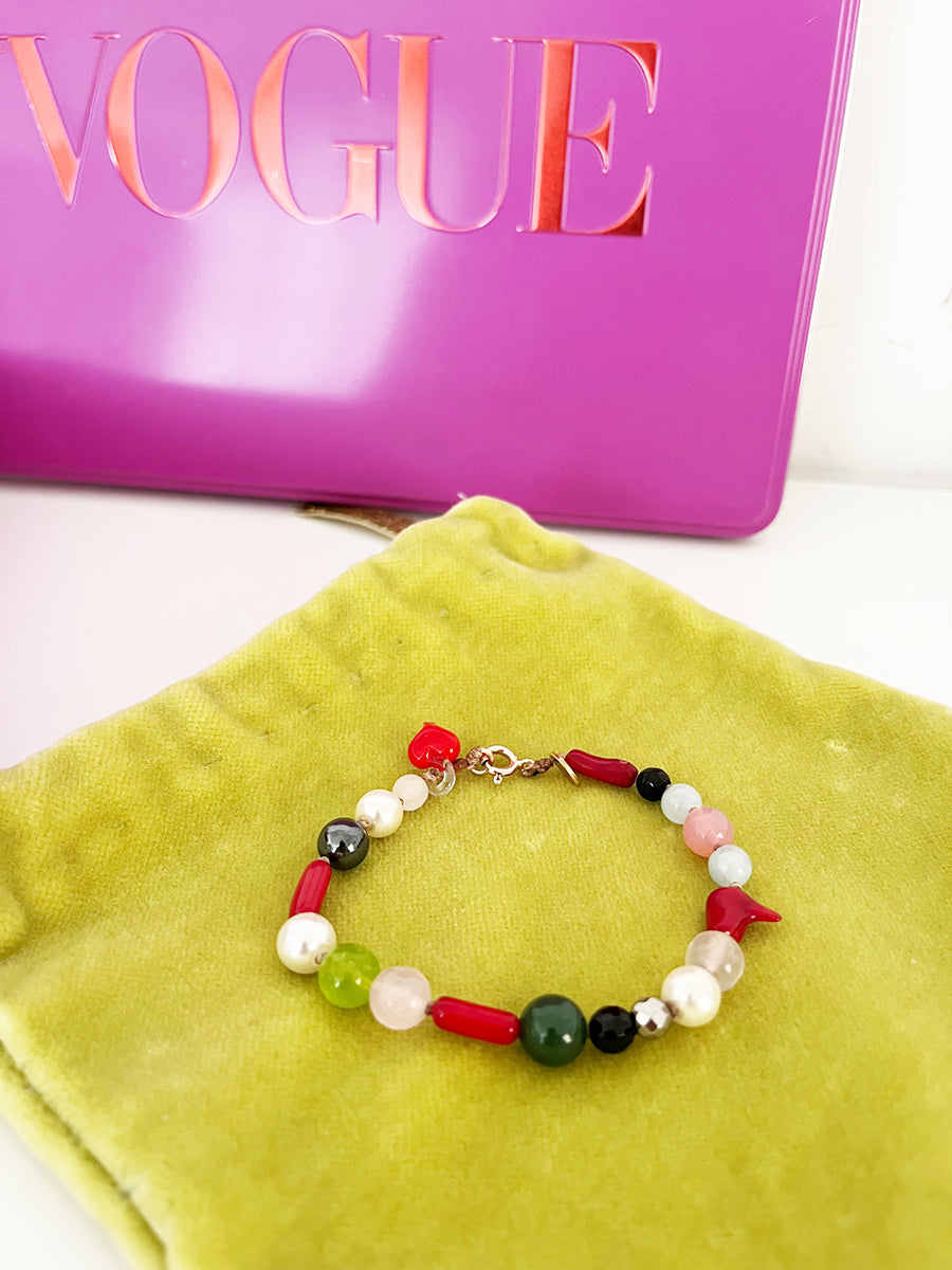 Bracciale Pietre, Corallo e Cuore di Murano Arg. 925 -Top Jewels-