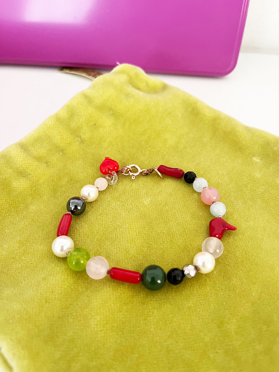 Bracciale Pietre, Corallo e Cuore di Murano Arg. 925 -Top Jewels-