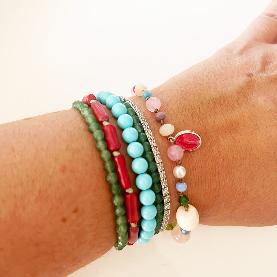 Bracciale Pietre Varie e Arg 925 con Madonnina Rue du Bac smaltata Rosa -Creazione Unica-