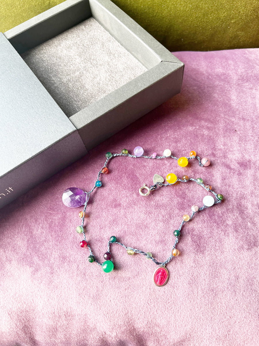 Bracciale Pietre, Cristalli, Madonnina Rue du Bac Arg 925 e Goccia Ametista -Top Jewels-