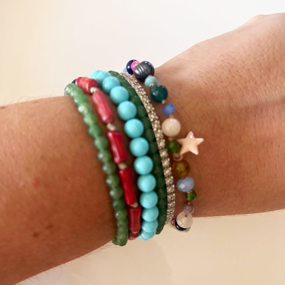 Bracciale Pietre Varie e Arg 925 con Stellina smaltata beige -Creazione Unica-