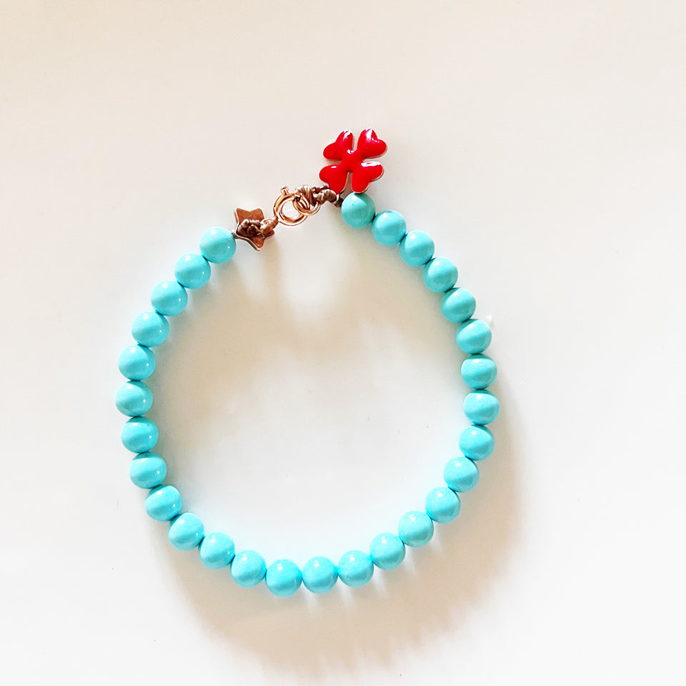 Bracciale Turchese con Quadrifoglio Rosso Smaltato Arg 925 -Creazione Unica-