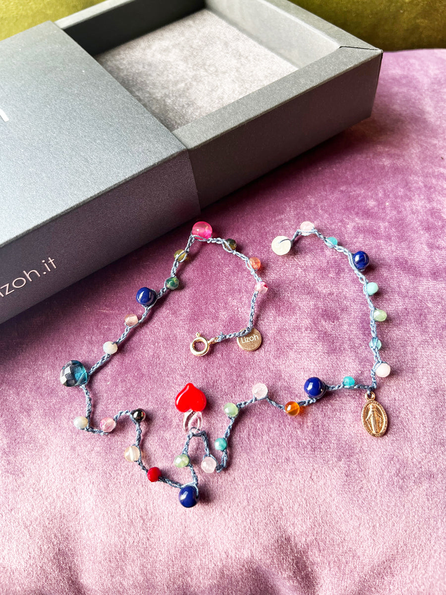 Bracciale Pietre, Cristalli, Madonnina Rue du Bac Arg 925 e Cuore Murano -Top Jewels-