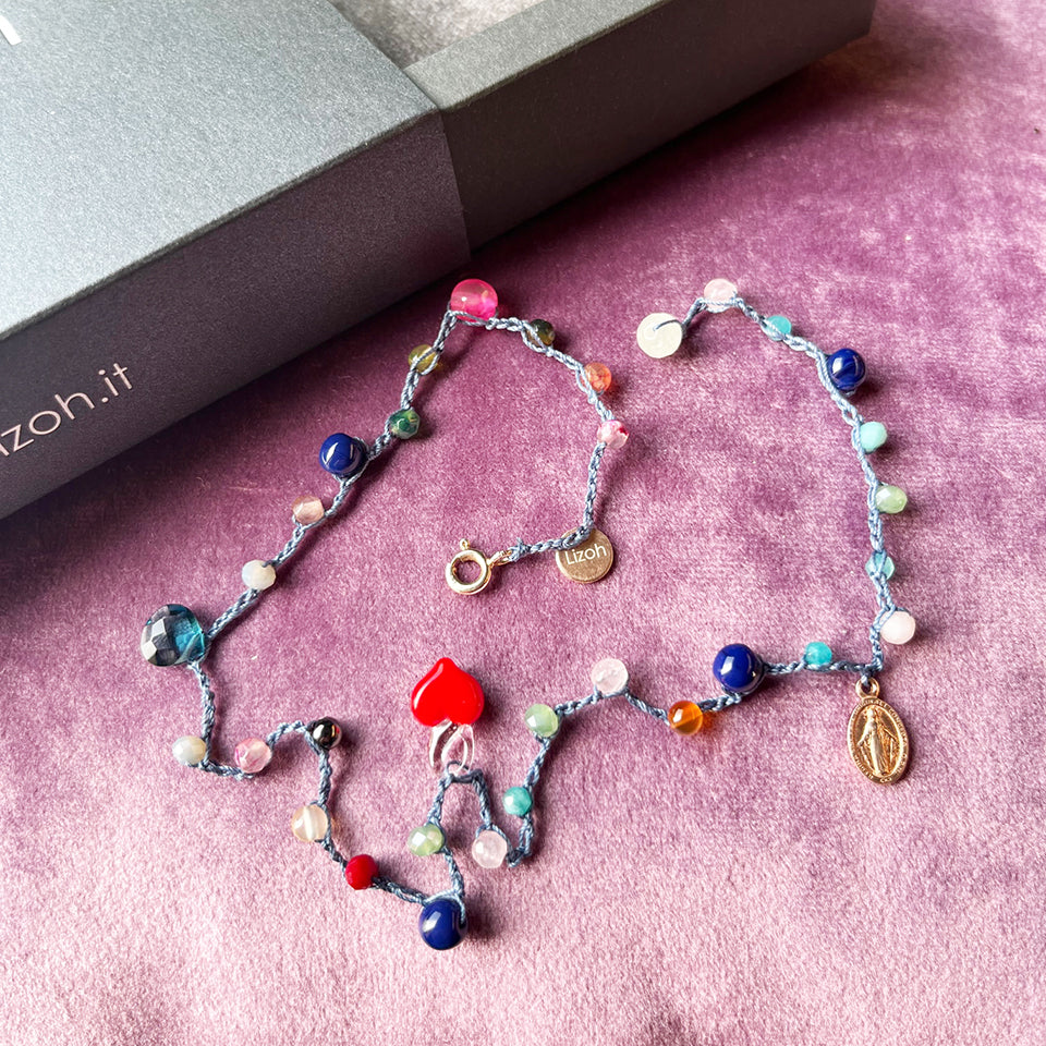 Bracciale Pietre, Cristalli, Madonnina Rue du Bac Arg 925 e Cuore Murano -Top Jewels-