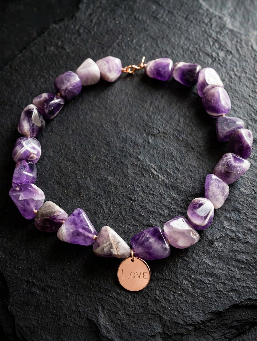 Collier Ametista a barilotti irregolari con charm "Love" e chiusura in Arg 925 galvanica oro rosa -Bijoux-