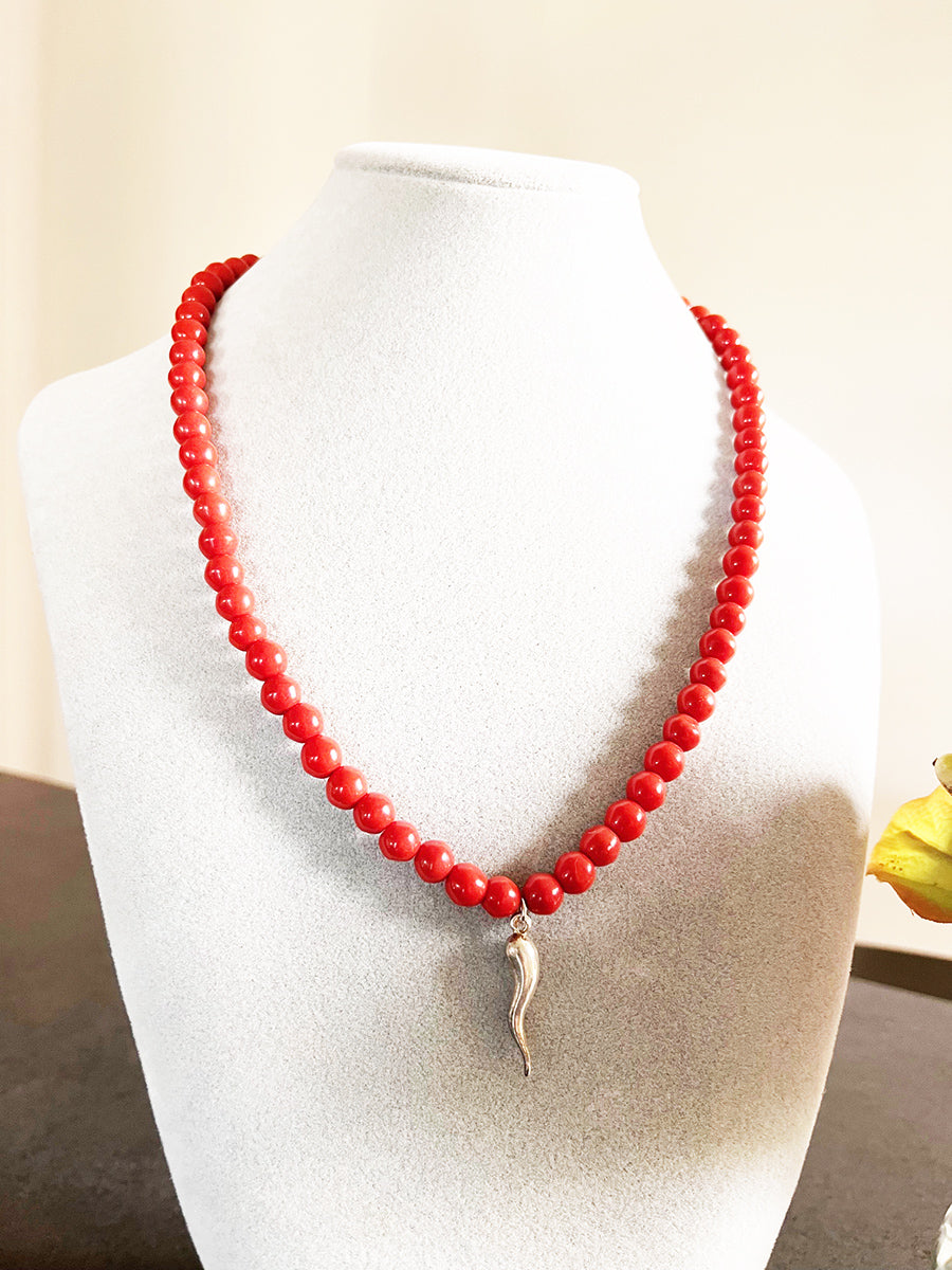 Collana Corallo Originale con Corno Grande Arg 925 -Top Bijoux-