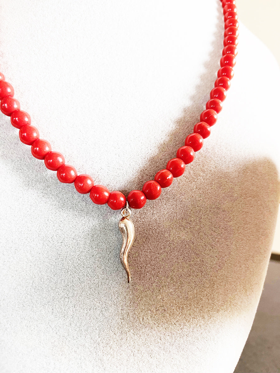 Collana Corallo Originale con Corno Grande Arg 925 -Top Bijoux-
