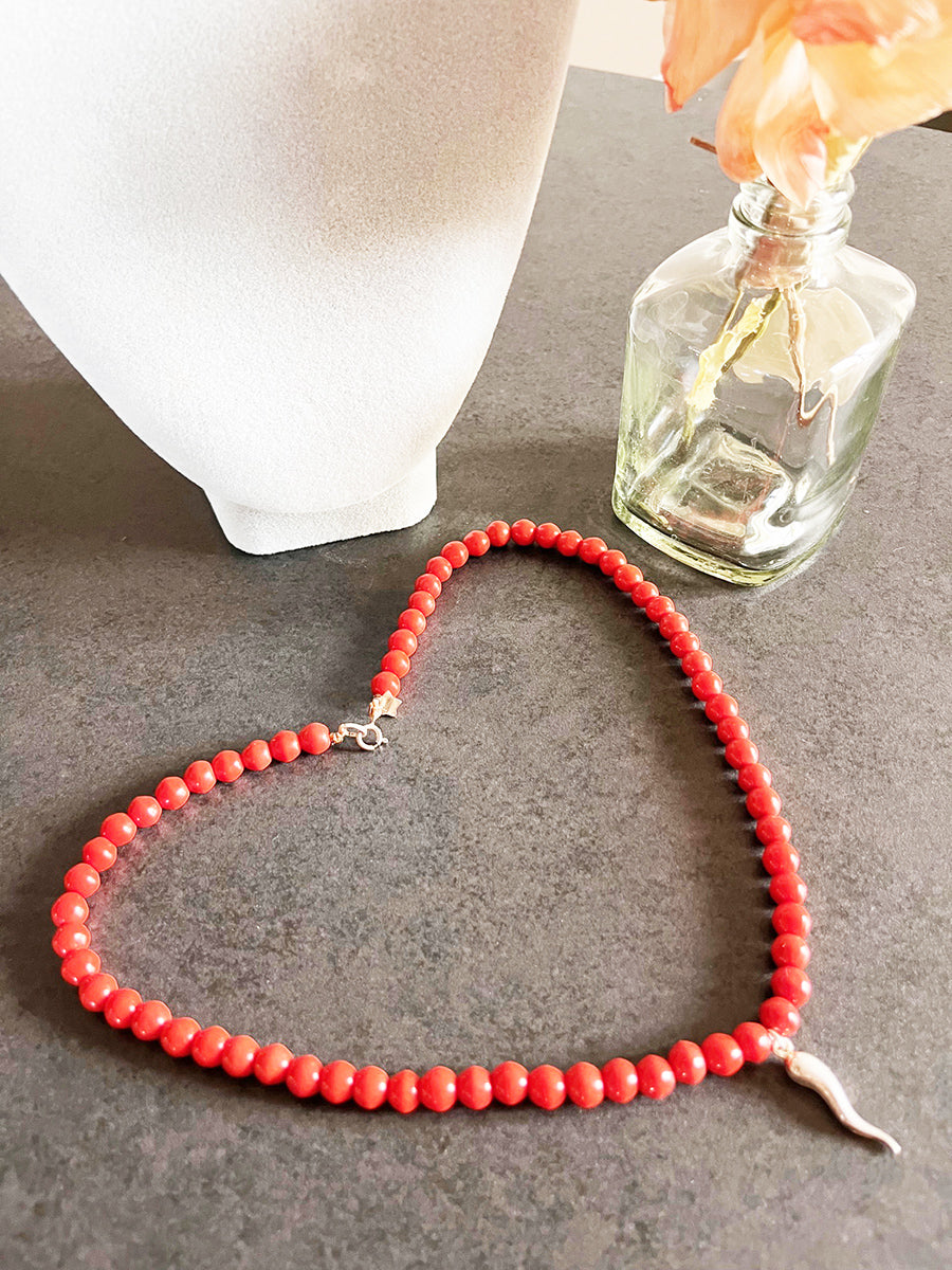 Collana Corallo Originale con Corno Grande Arg 925 -Top Bijoux-