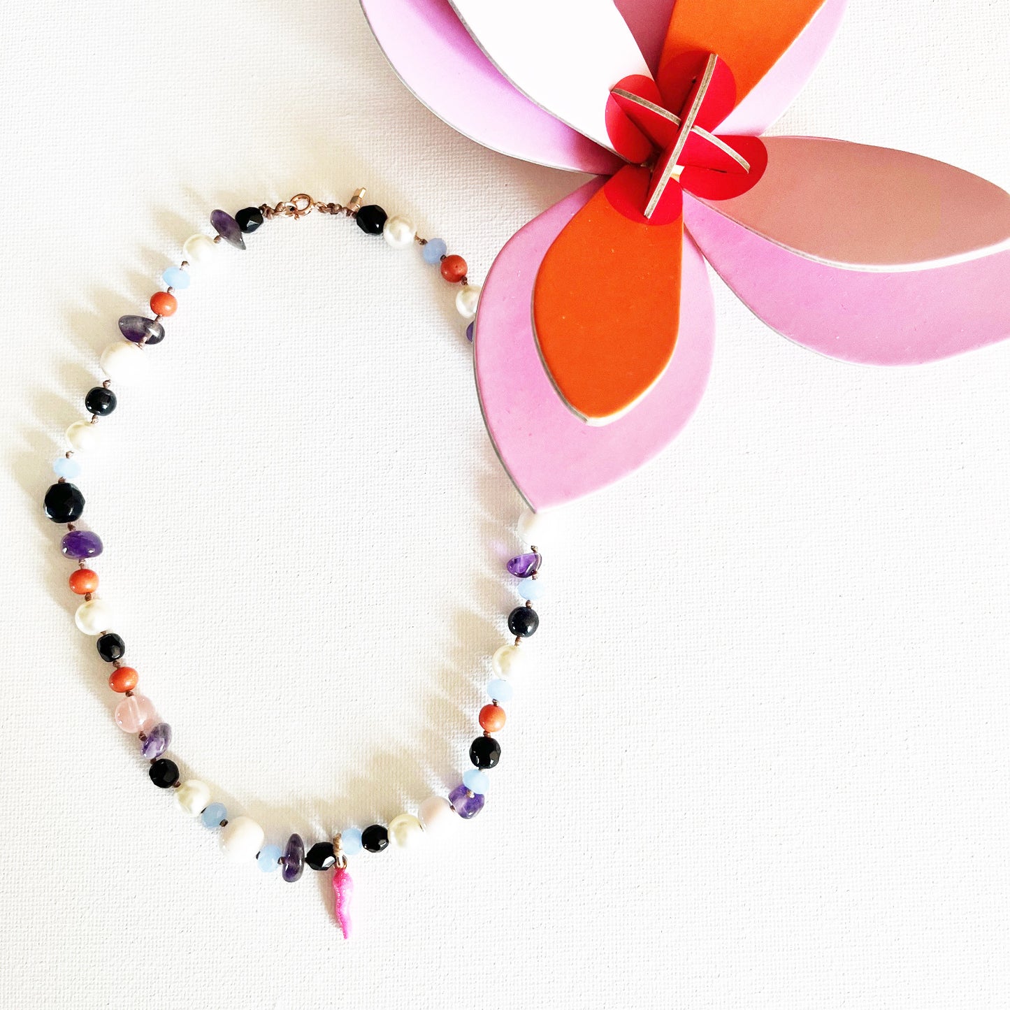 Collier Pietre Miste con Corno Rosa Glitter - Top Bijoux -