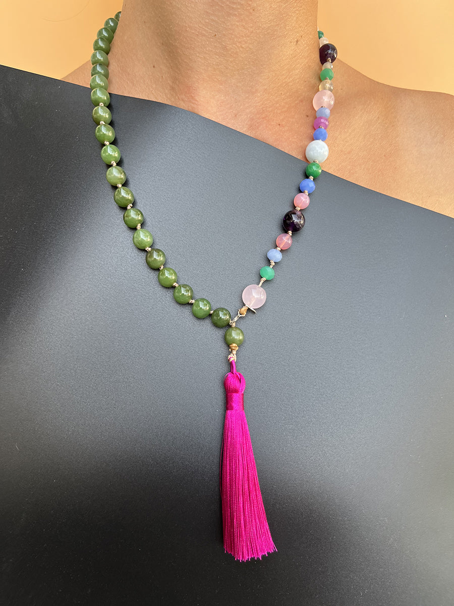Collana Giada, Cristalli e Pietre con nappa Viola Arg 925 - Handmade Jewels -