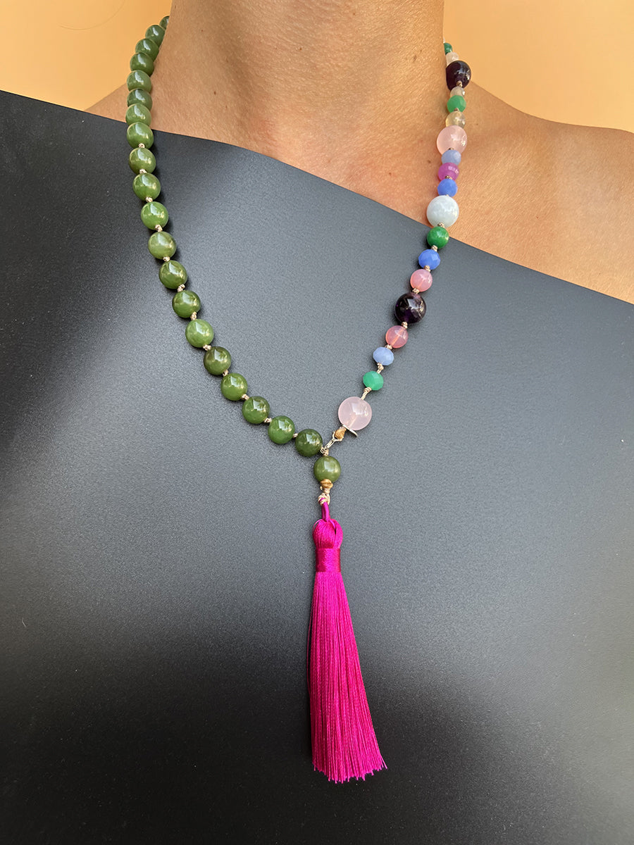 Collana Giada, Cristalli e Pietre con nappa Viola Arg 925 - Handmade Jewels -