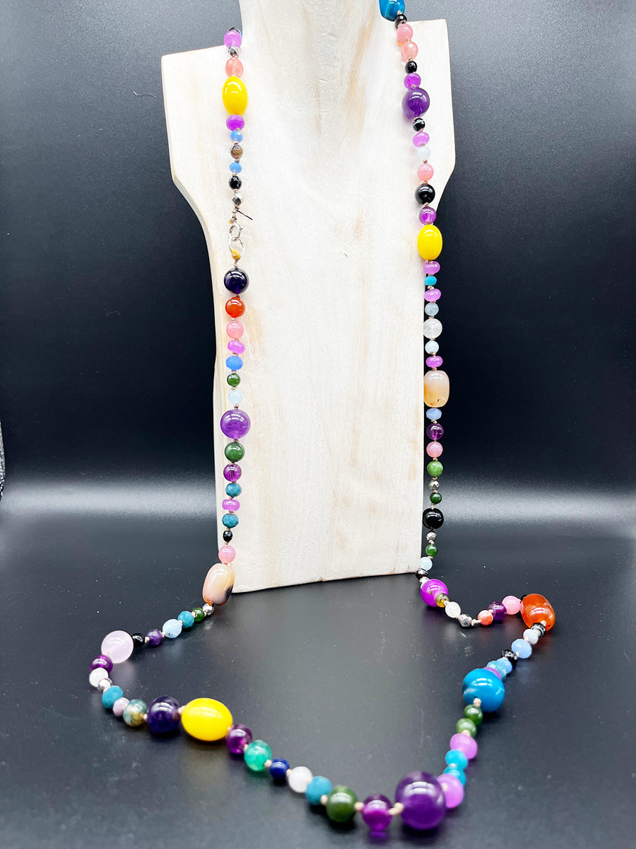 Collana Multicolor Lunga Pietre, Cristalli, arg 925 -Handmade Jewels-