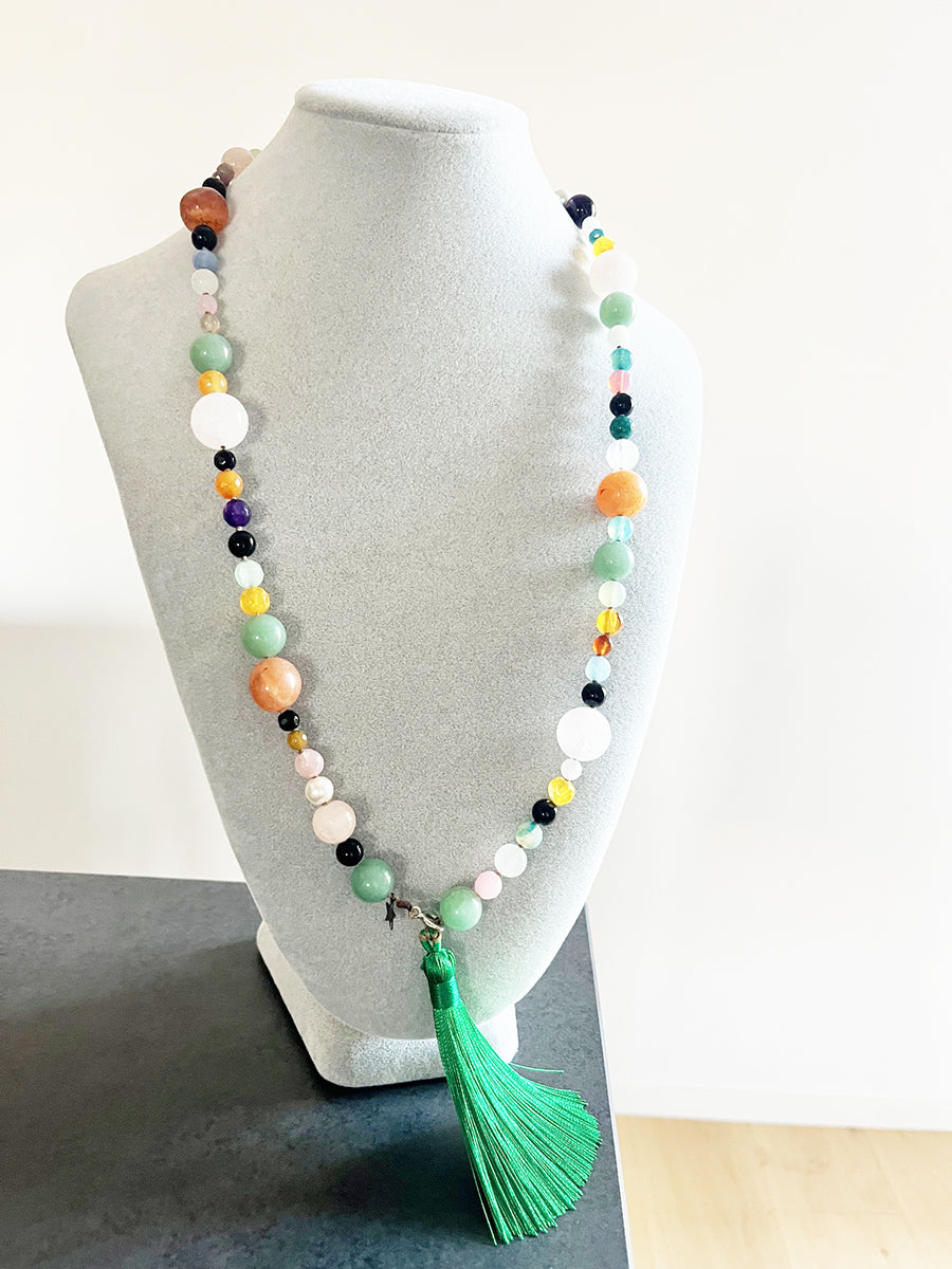 Collier Pietre Miste Lunga con Nappa Verde - Top Bijoux -