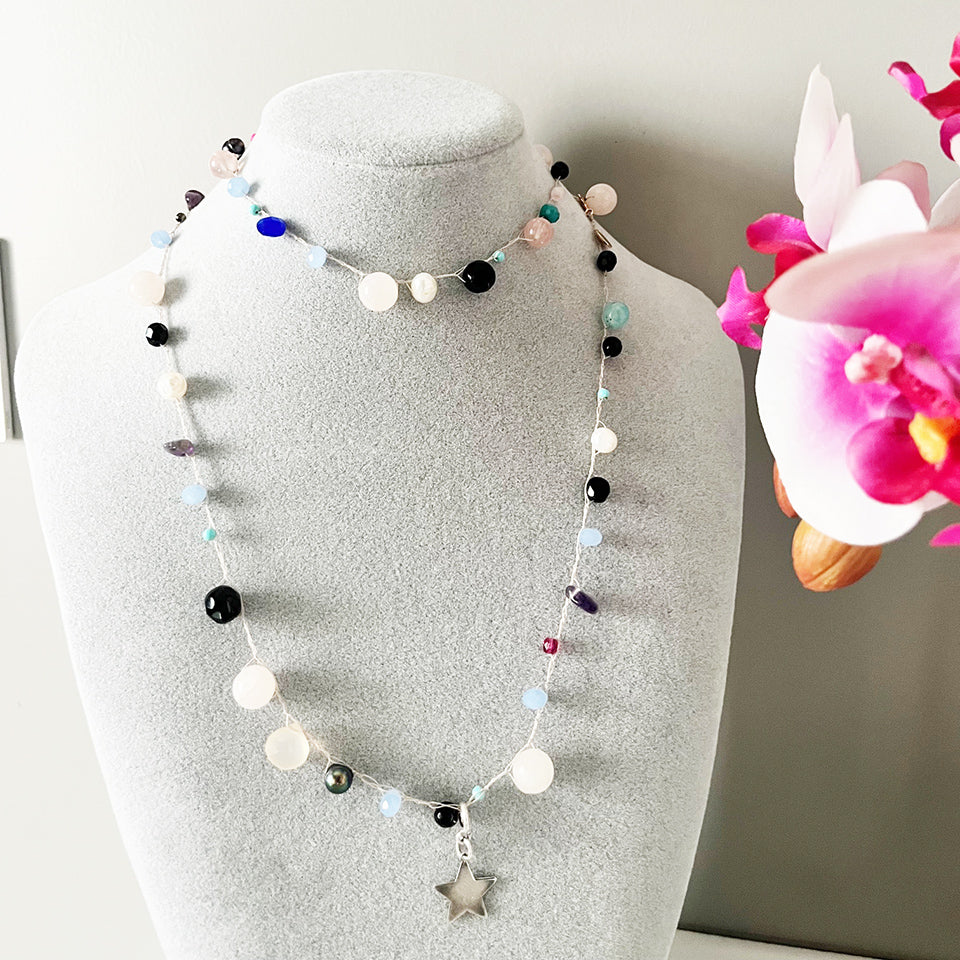 Collana Eterea Leggera e Lunga, Pietre Naturali Colorate e Stella Charm Arg 925 -Top Jewels-