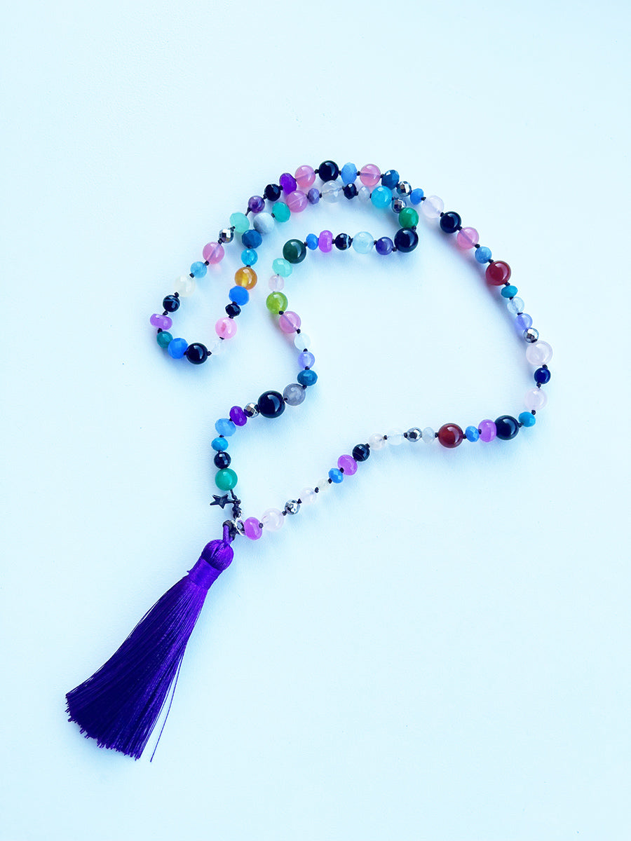 Collana Lunga Pietre Colorate, Arg 925 e Nappa Viola -Top Jewels-