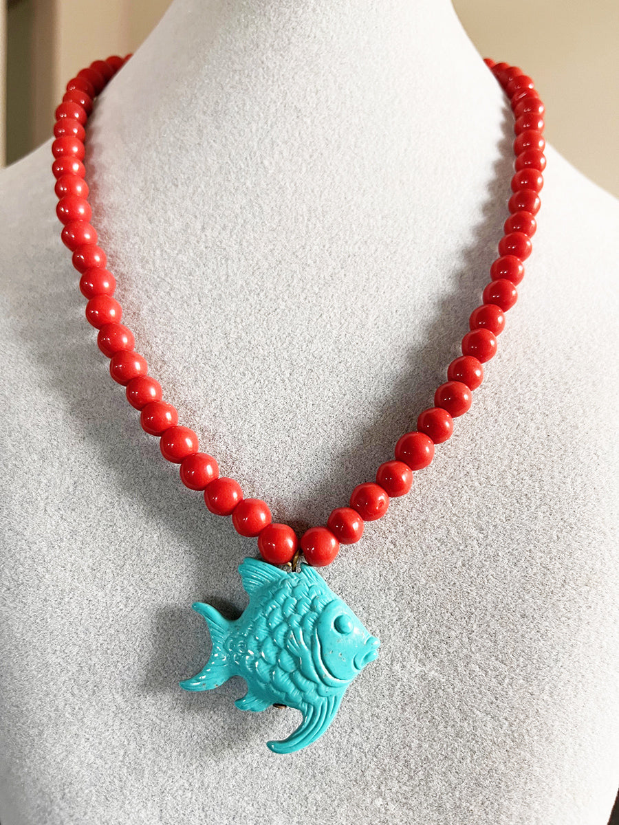 Collana Corallo Originale con Charm Legno Pesce e Arg 925 -Top Bijoux-