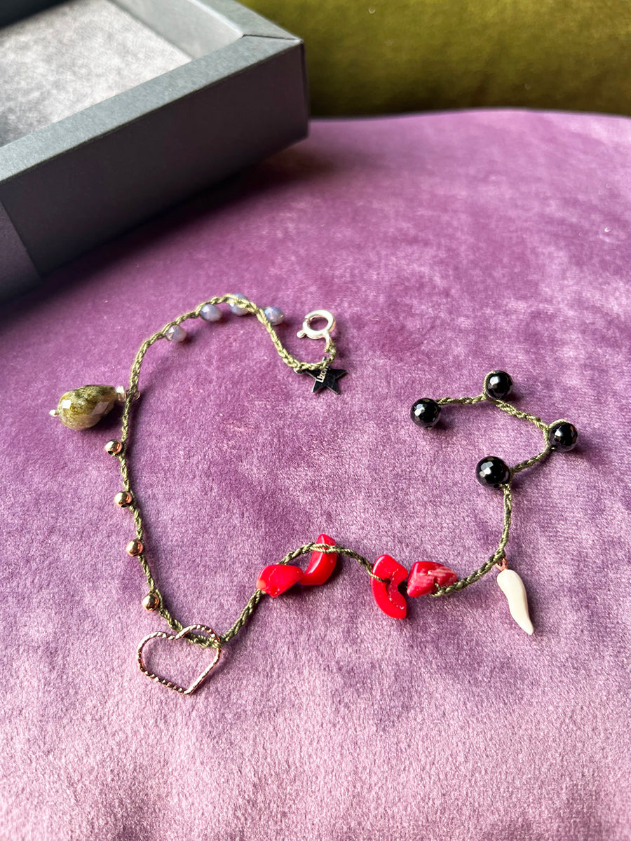 Bracciale Pietre, Cristalli, Cuore e Corno Smaltato Arg 925 -Top Jewels-