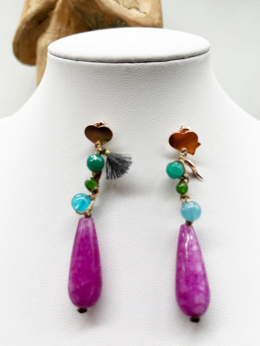 Orecchini Lunghi Agata Rosa, Pietre e Charms Arg 925 -Creazione Lizoh-