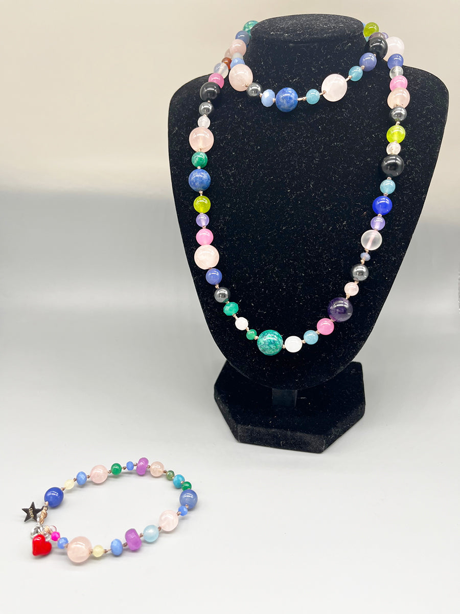 Parure Collana e Bracciale Multicolor Pietre, Cristalli, Arg 925 -Creazioni Lizoh- per Angela
