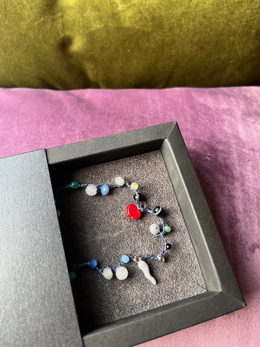 Bracciale Pietre, Cristalli, Corno Glitterato Arg 925 e Cuore Rosso Murano -Top Jewels-