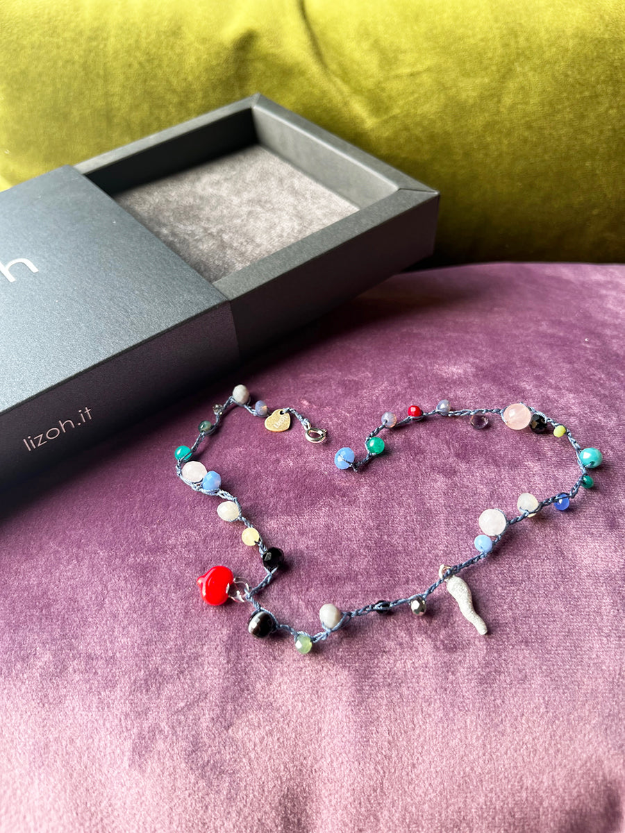 Bracciale Pietre, Cristalli, Corno Glitterato Arg 925 e Cuore Rosso Murano -Top Jewels-