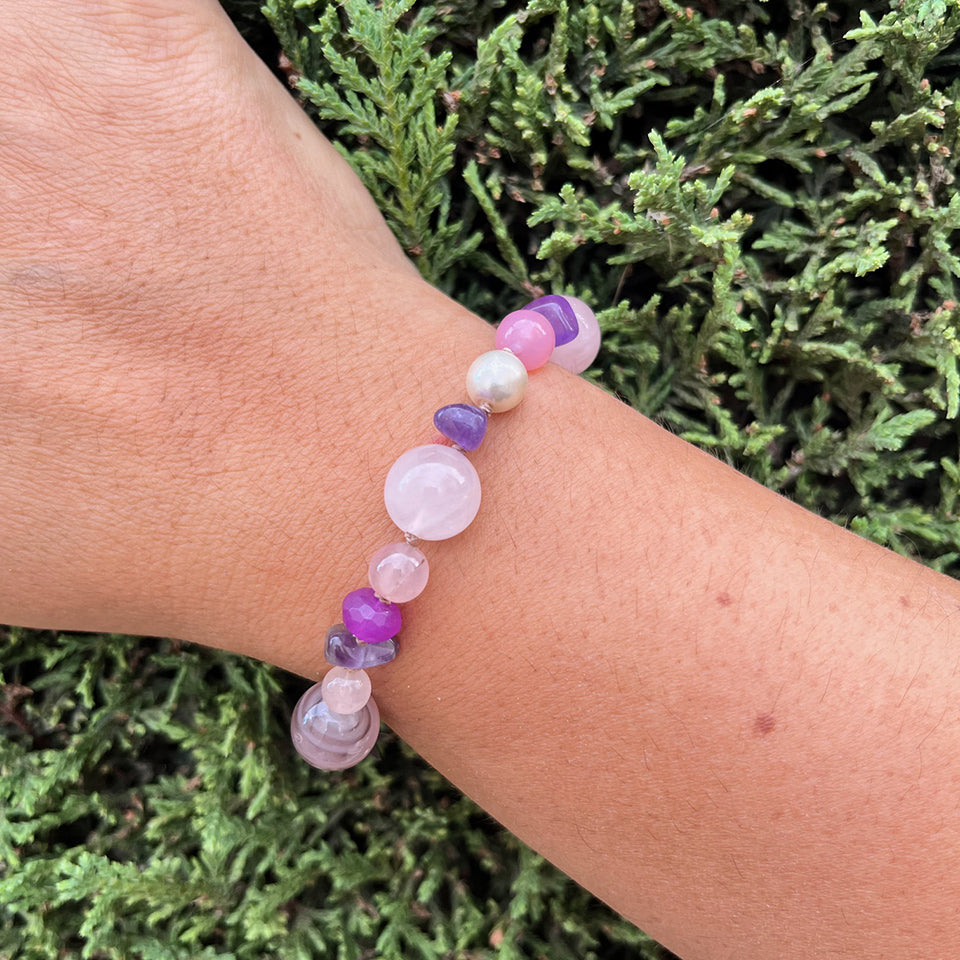 Bracciale Quarzo, Ametista, Perle, Onice e Arg 925 -Creazione Unica-
