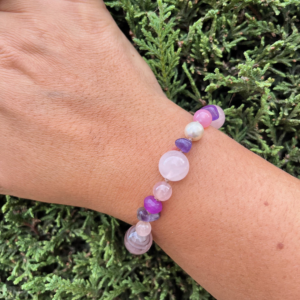 Bracciale Quarzo, Ametista, Perle, Onice e Arg 925 -Creazione Unica-