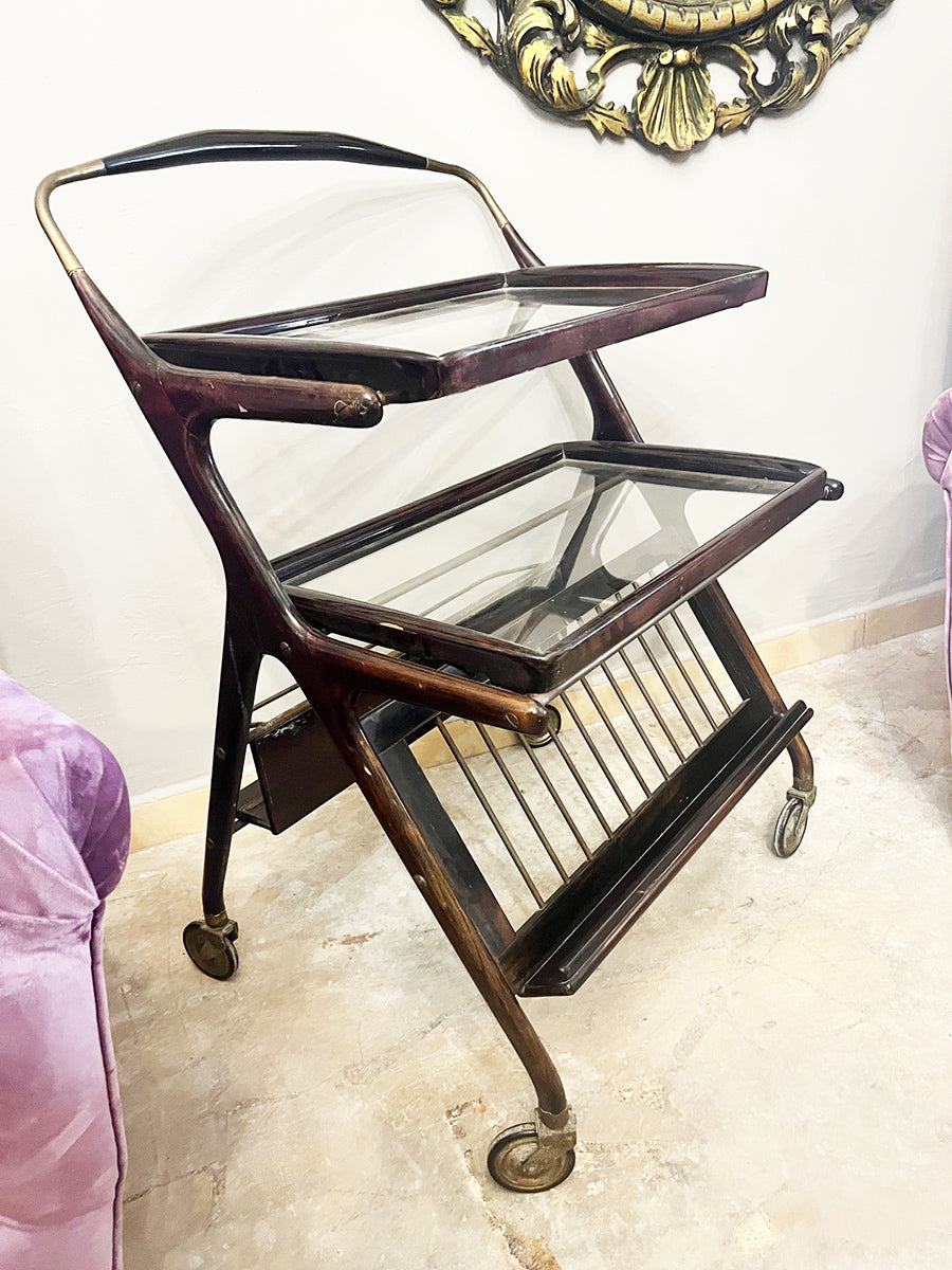 Carrello da bar in noce e ottone di Cesare Lacca per Cassina, anni '50 -Top Design-