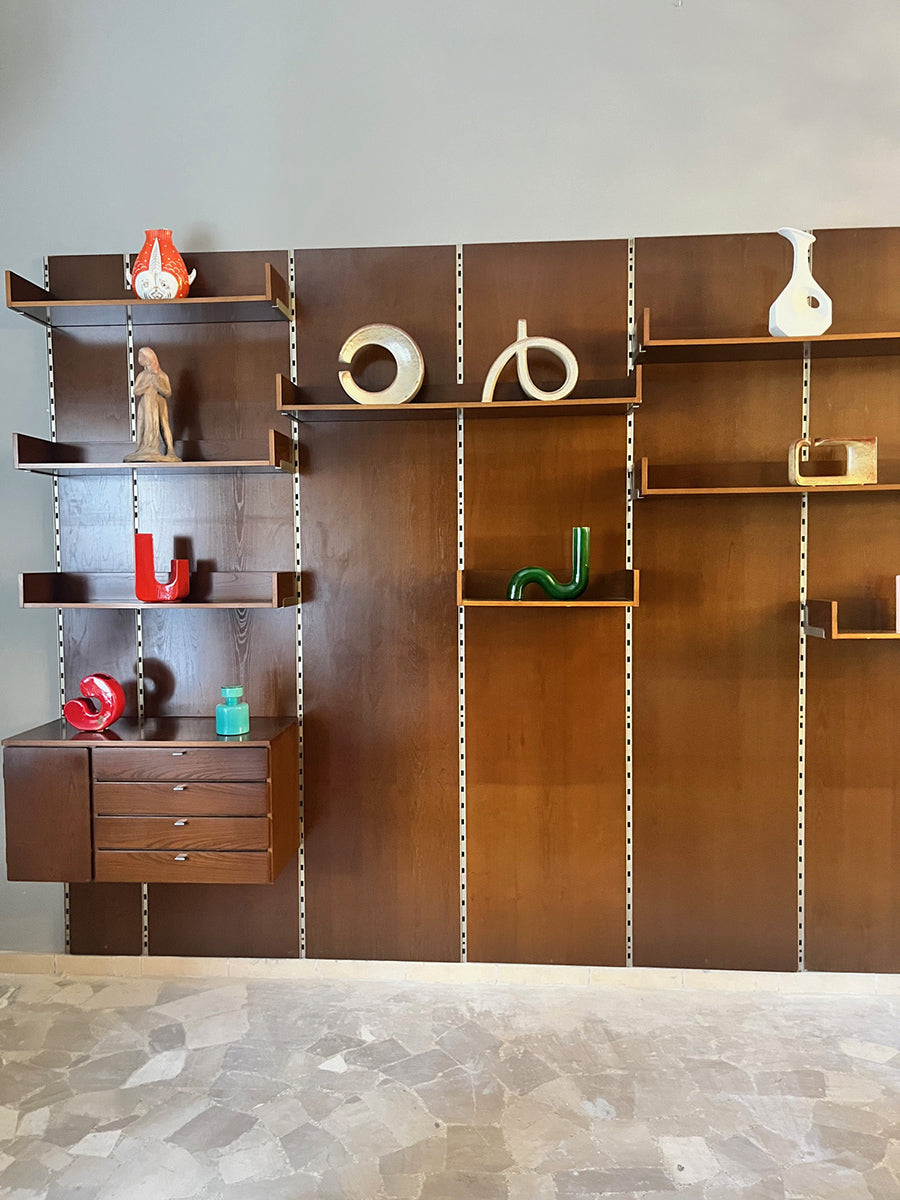 Libreria Boiserie in Legno e Metallo con elementi a sospensione Vintage anni '60 -Top Design-