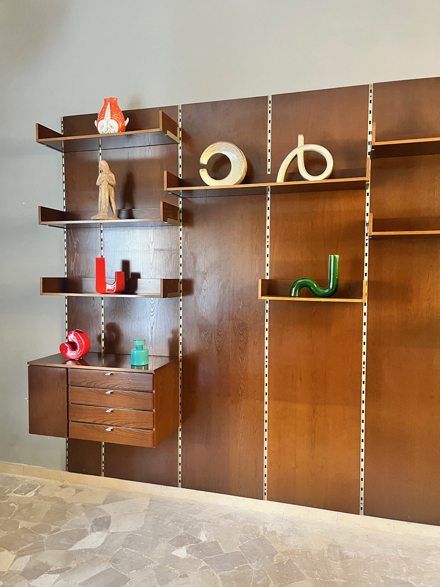 Libreria Boiserie in Legno e Metallo con elementi a sospensione Vintage anni '60 -Top Design-