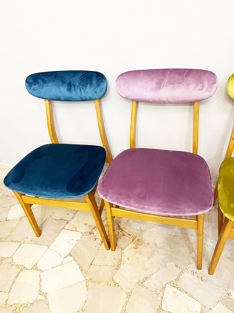 Sedie Set n. 4 Scandinave in Faggio rivestite in velluto colorato Vintage 1960 -Design-