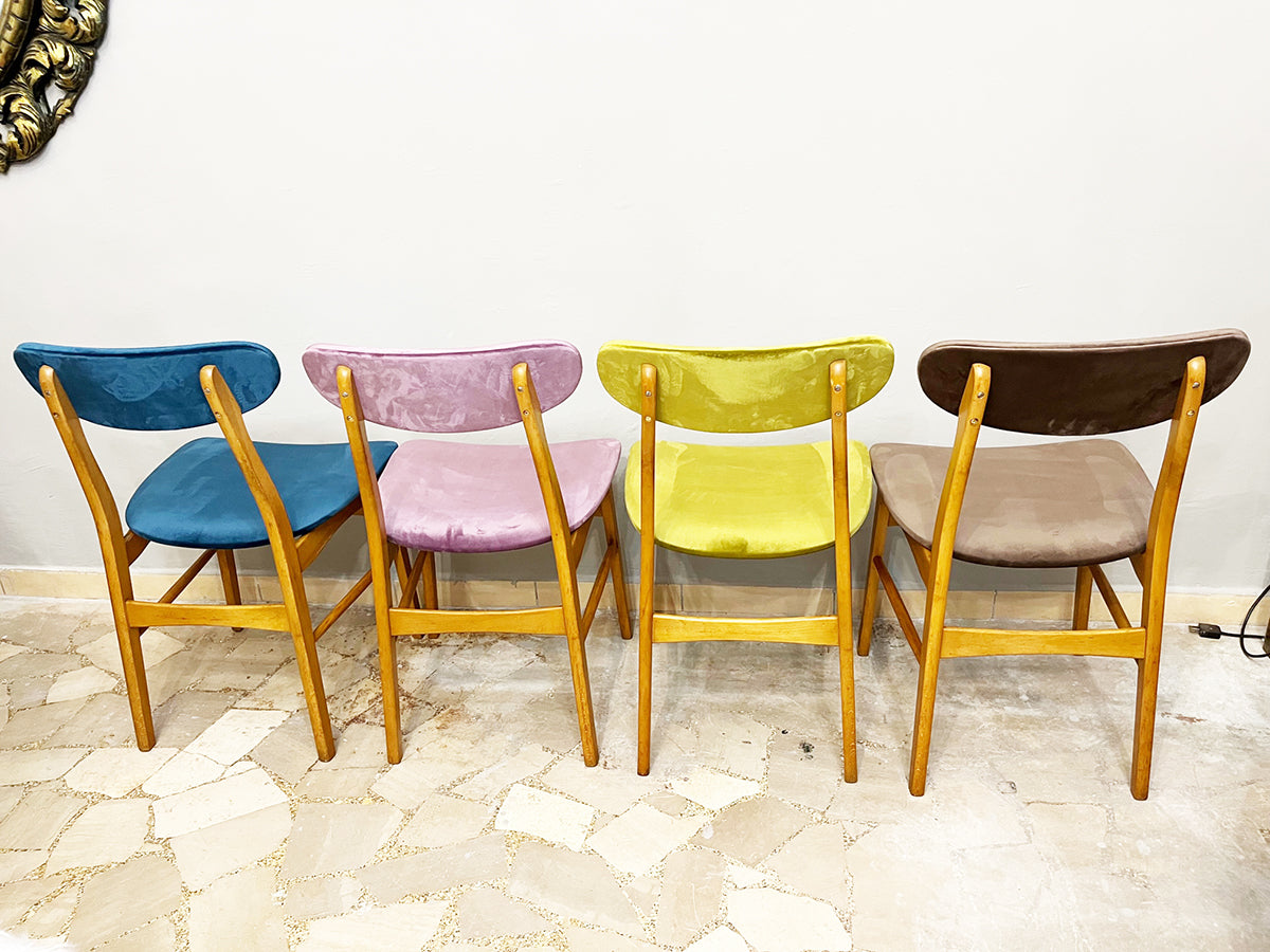 Sedie Set n. 4 Scandinave in Faggio rivestite in velluto colorato Vintage 1960 -Design-