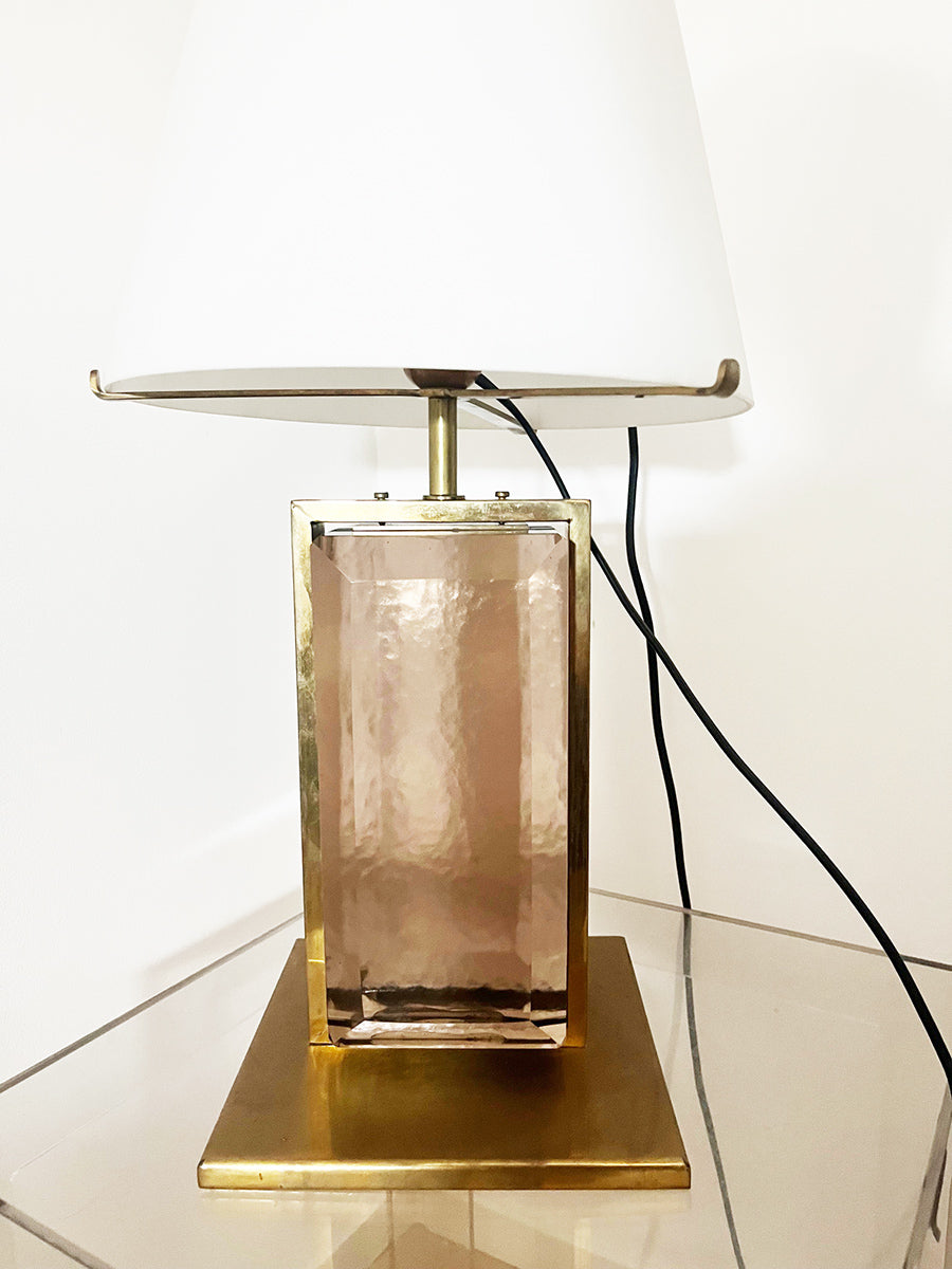 Lampada da Tavolo Ottone, Murano e paralume vetro satinato anni '70 -Top Lighting-