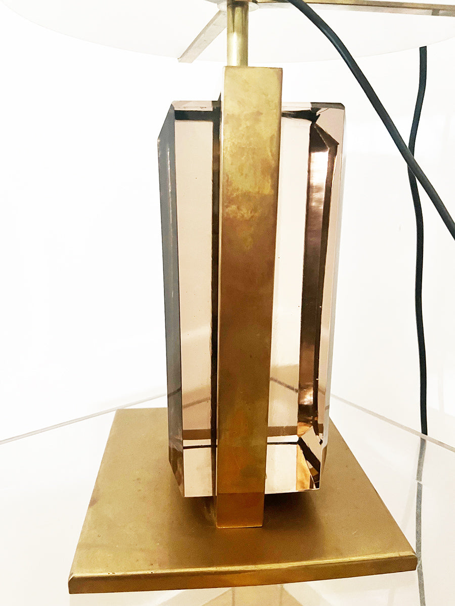 Lampada da Tavolo Ottone, Murano e paralume vetro satinato anni '70 -Top Lighting-