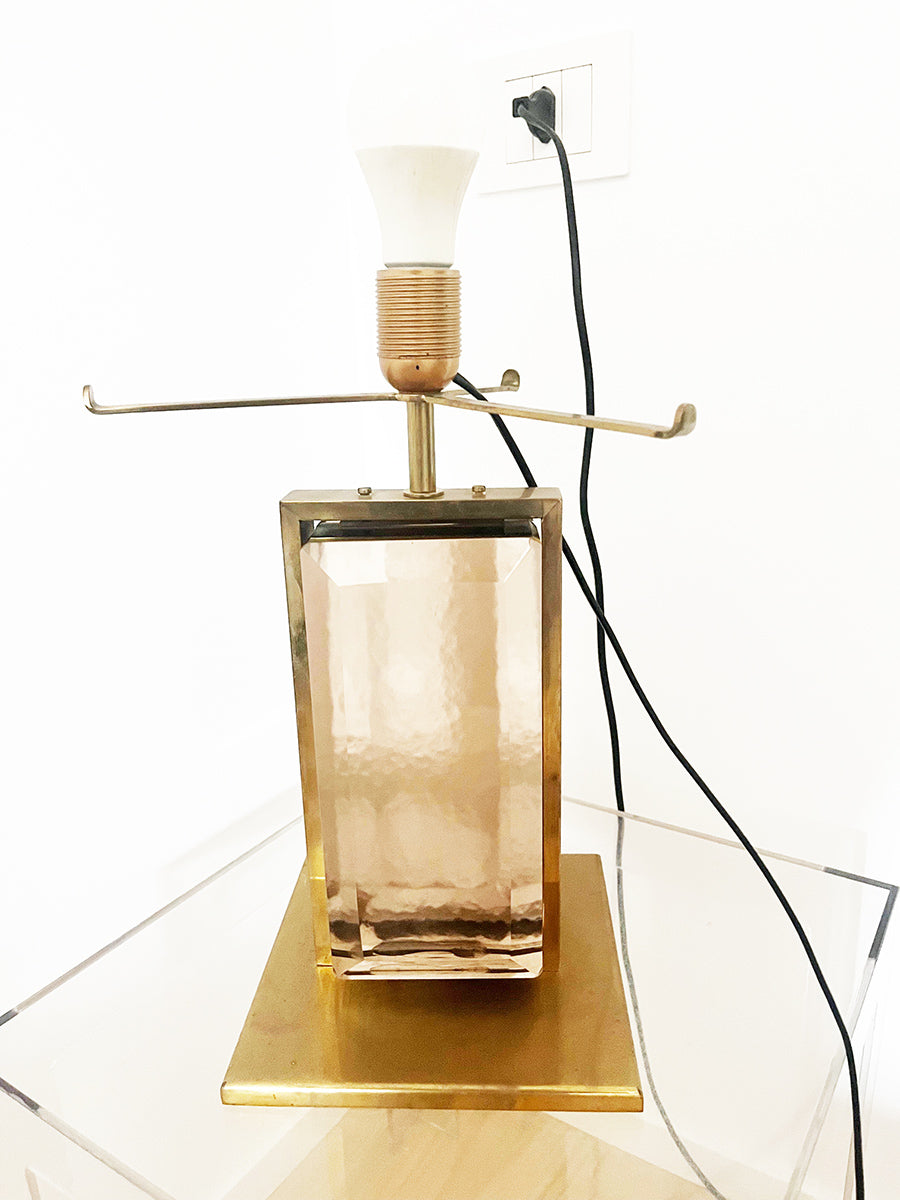 Lampada da Tavolo Ottone, Murano e paralume vetro satinato anni '70 -Top Lighting-