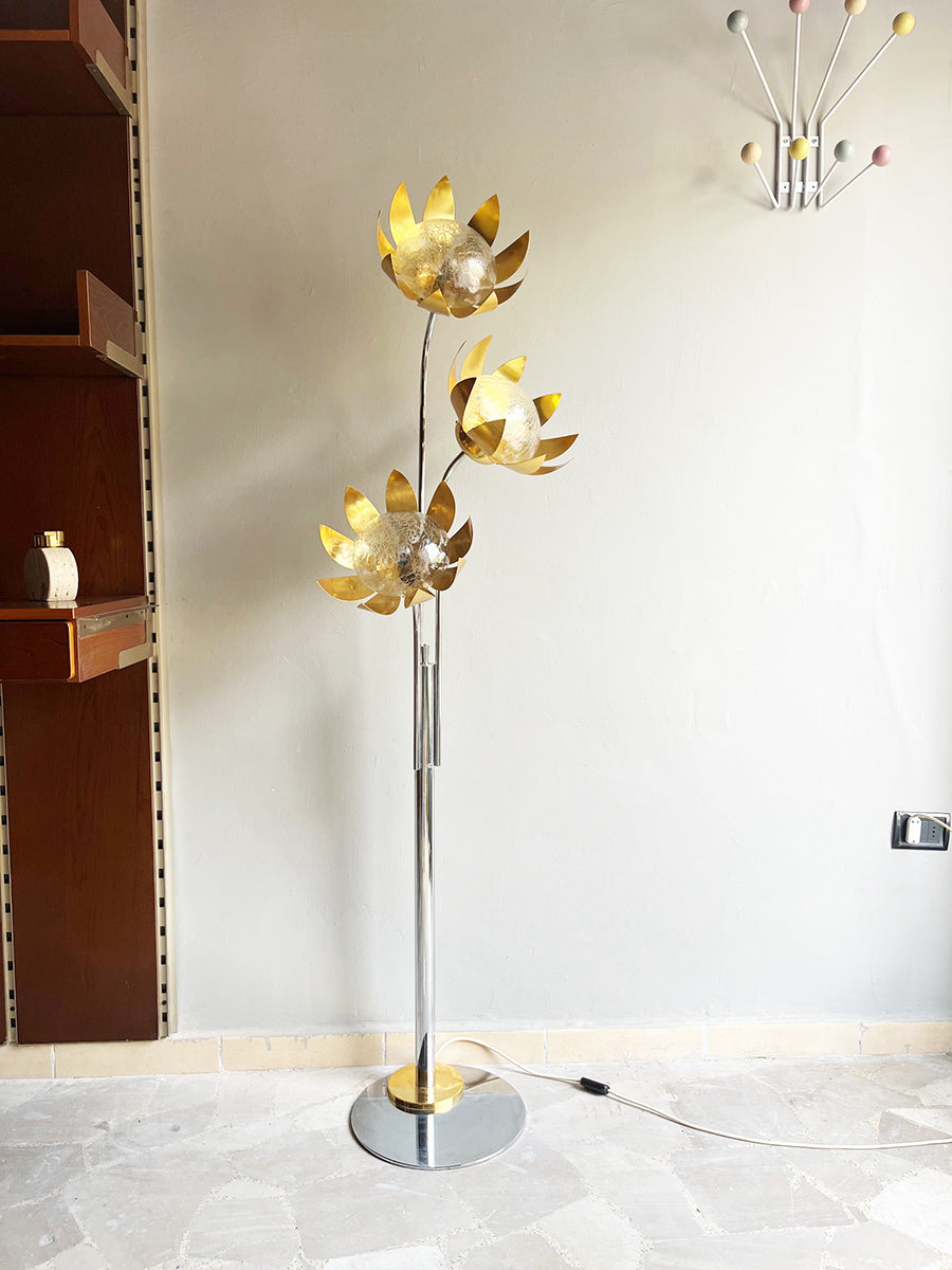 Lampada da terra Floreale Ottone e Metallo Vintage anni '70 -Top Lighting-
