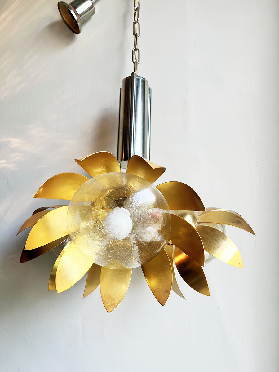 Lampada a Sospensione Floreale Vintage anni '70 Ottone e Acciaio Cromo -Top Lighting-