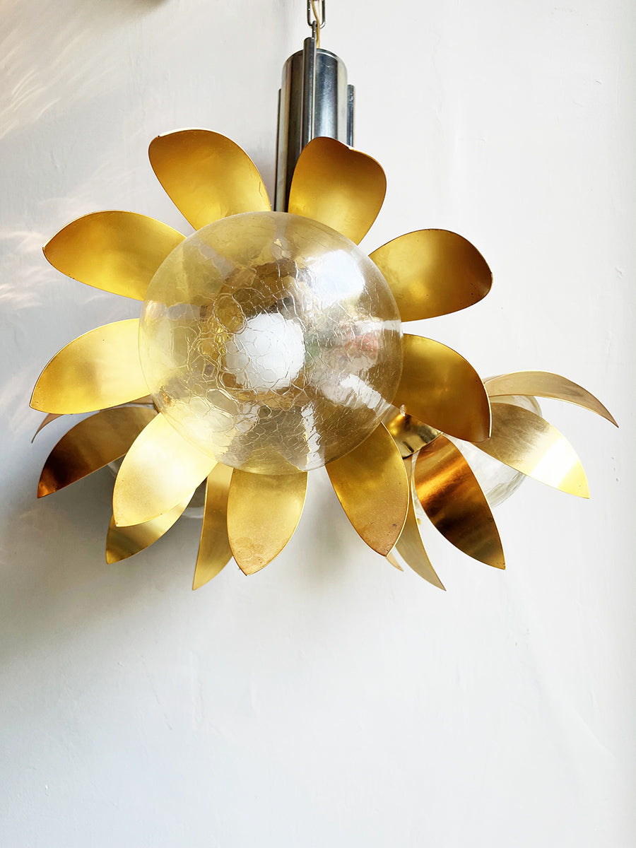 Lampada a Sospensione Floreale Vintage anni '70 Ottone e Acciaio Cromo -Top Lighting-