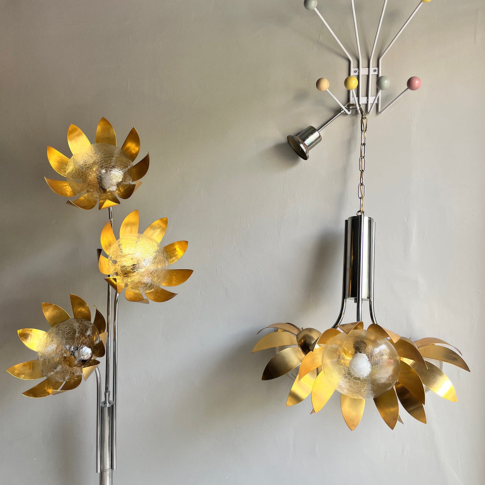 Lampada a Sospensione Floreale Vintage anni '70 Ottone e Acciaio Cromo -Top Lighting-
