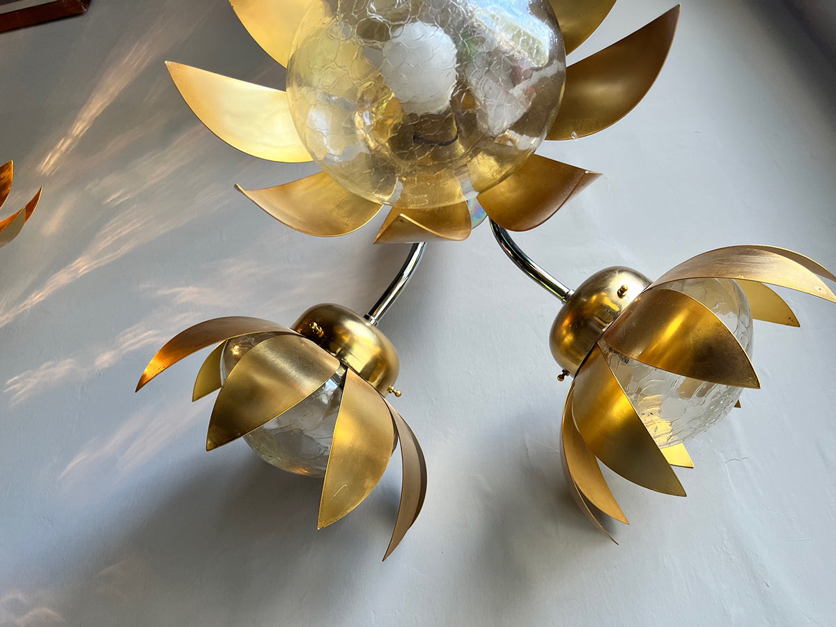 Lampada a Sospensione Floreale Vintage anni '70 Ottone e Acciaio Cromo -Top Lighting-