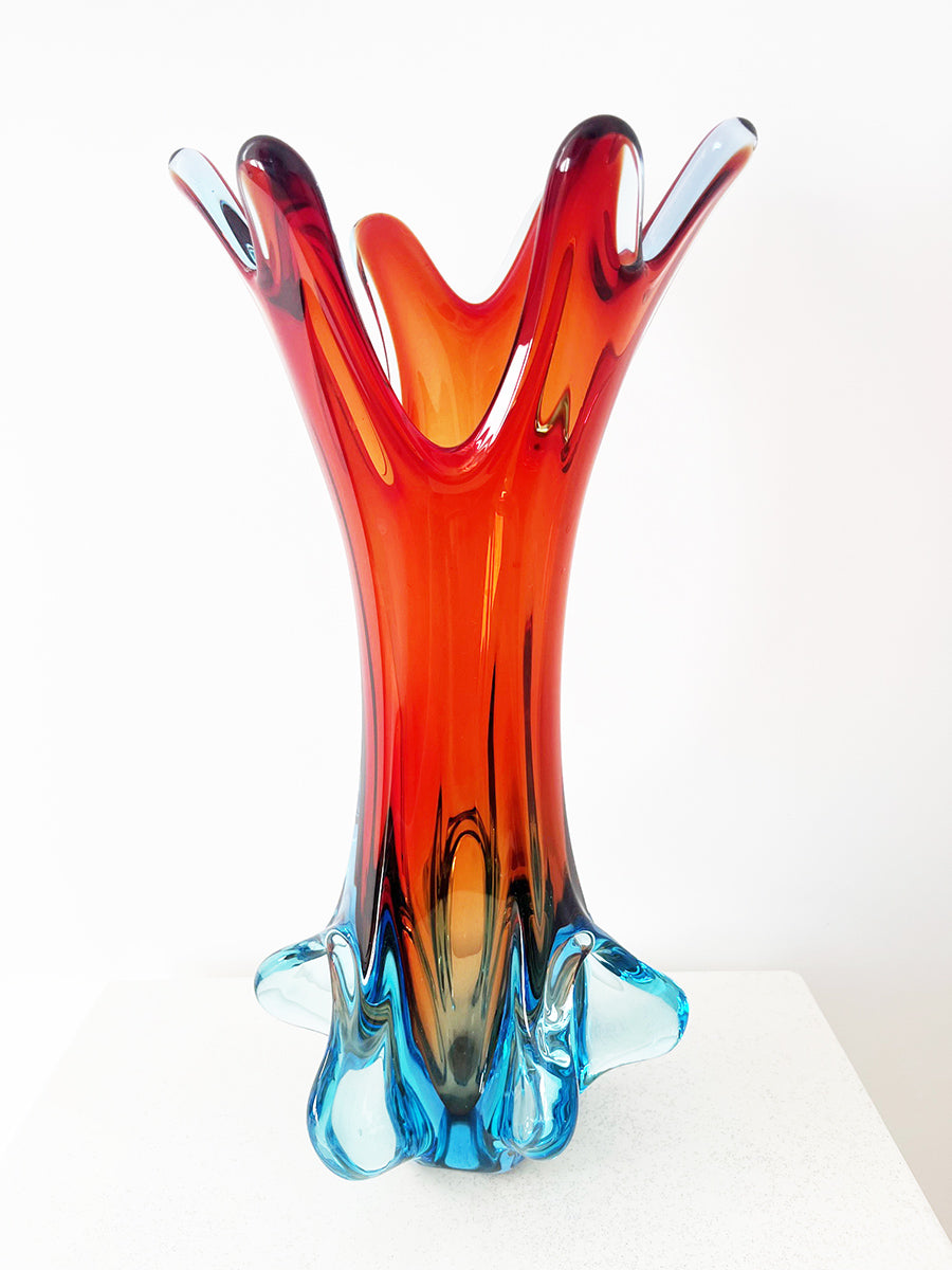 Vaso Murano grande a forma di fiore rosso Fr.lli Toso anni '50 -Top Murano-