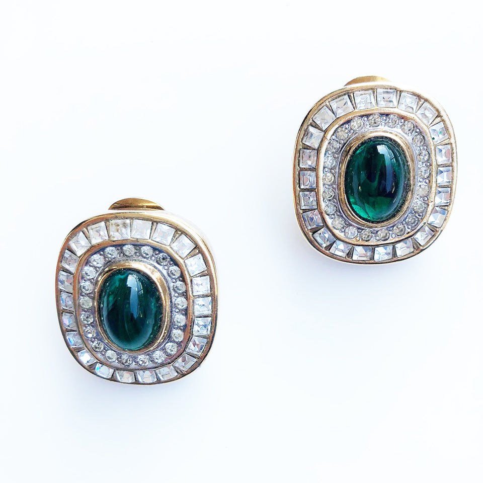 Orecchini Clips Malachite, Topazio, Swarovsky Alta Bigiotteria Vintage 1980 - Accessori -