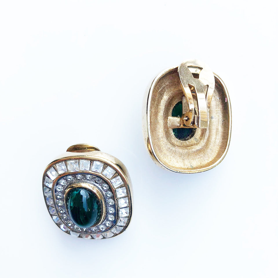 Orecchini Clips Malachite, Topazio, Swarovsky Alta Bigiotteria Vintage 1980 - Accessori -