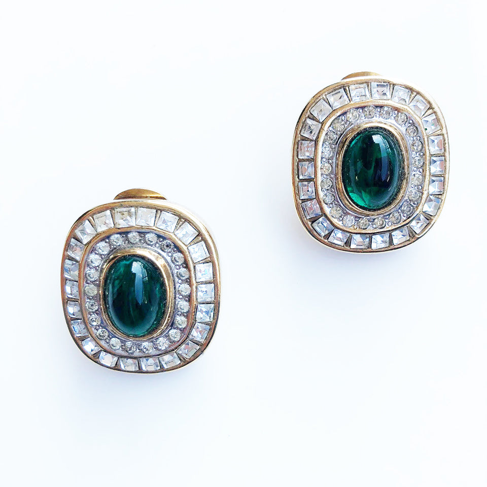 Orecchini Clips Malachite, Topazio, Swarovsky Alta Bigiotteria Vintage 1980 - Accessori -