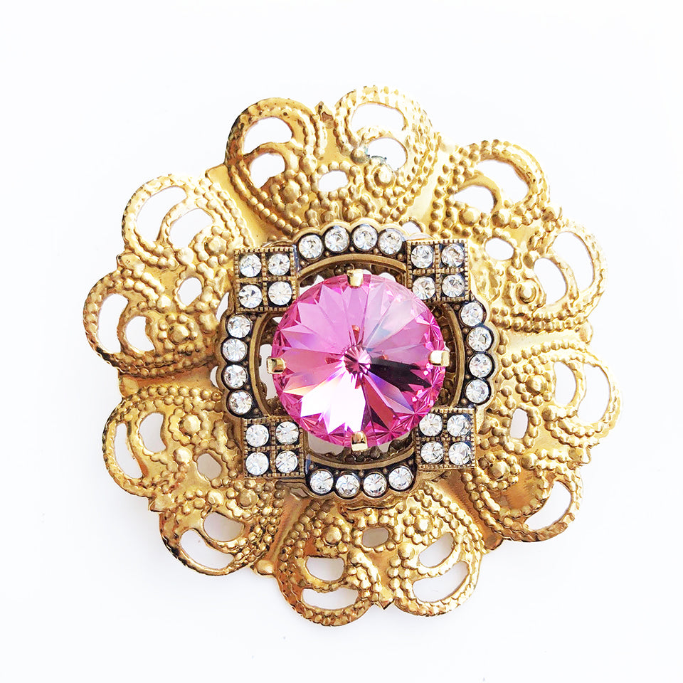 Spilla con Topazio Rosa e Swarovsky Vintage 1960 - Accessori -