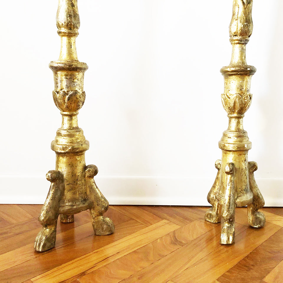 Coppia Antichi Candelieri in Legno Foglia Oro 1780 -Antiques-